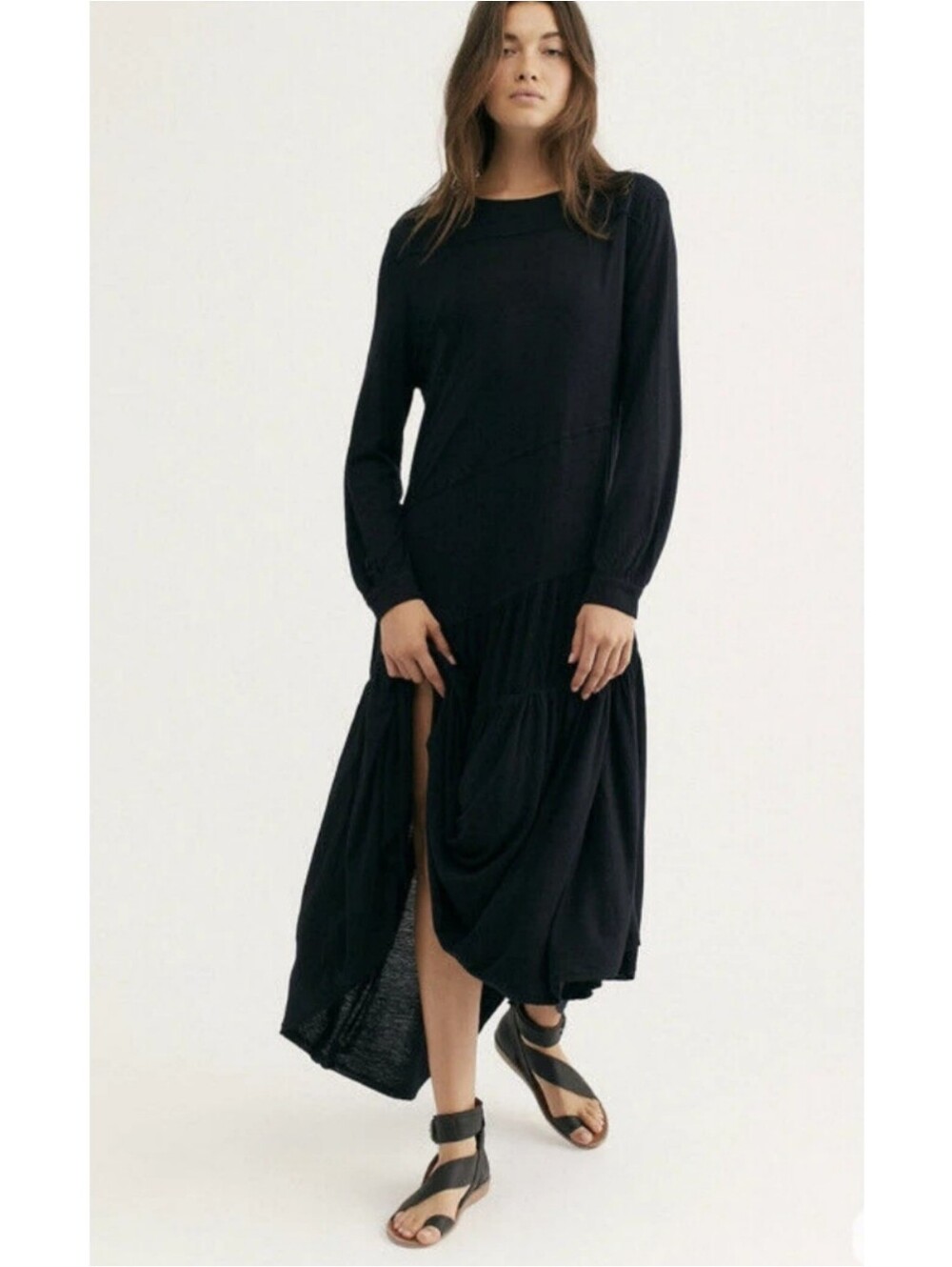 Free People Beach Jilly Tiered Long Sleeve Midi Dress Black